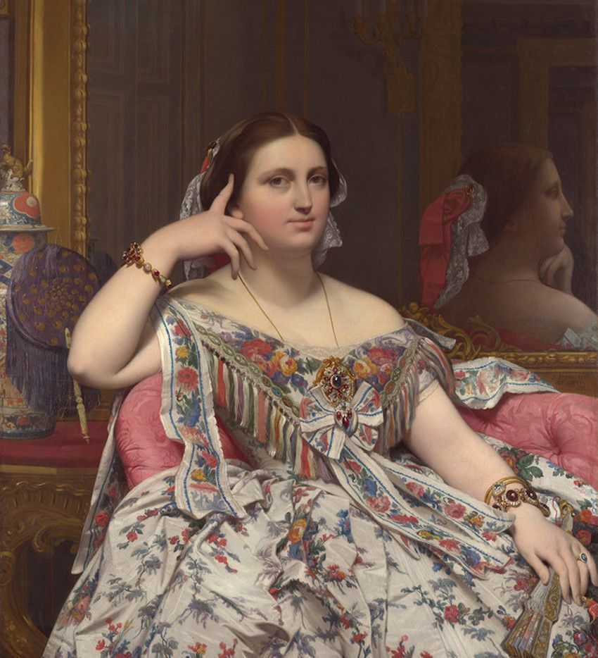 Sitting, Dress, Textile, Long hair, Fashion design, Art, Trunk, Pattern, Visual arts, Pattern, 
